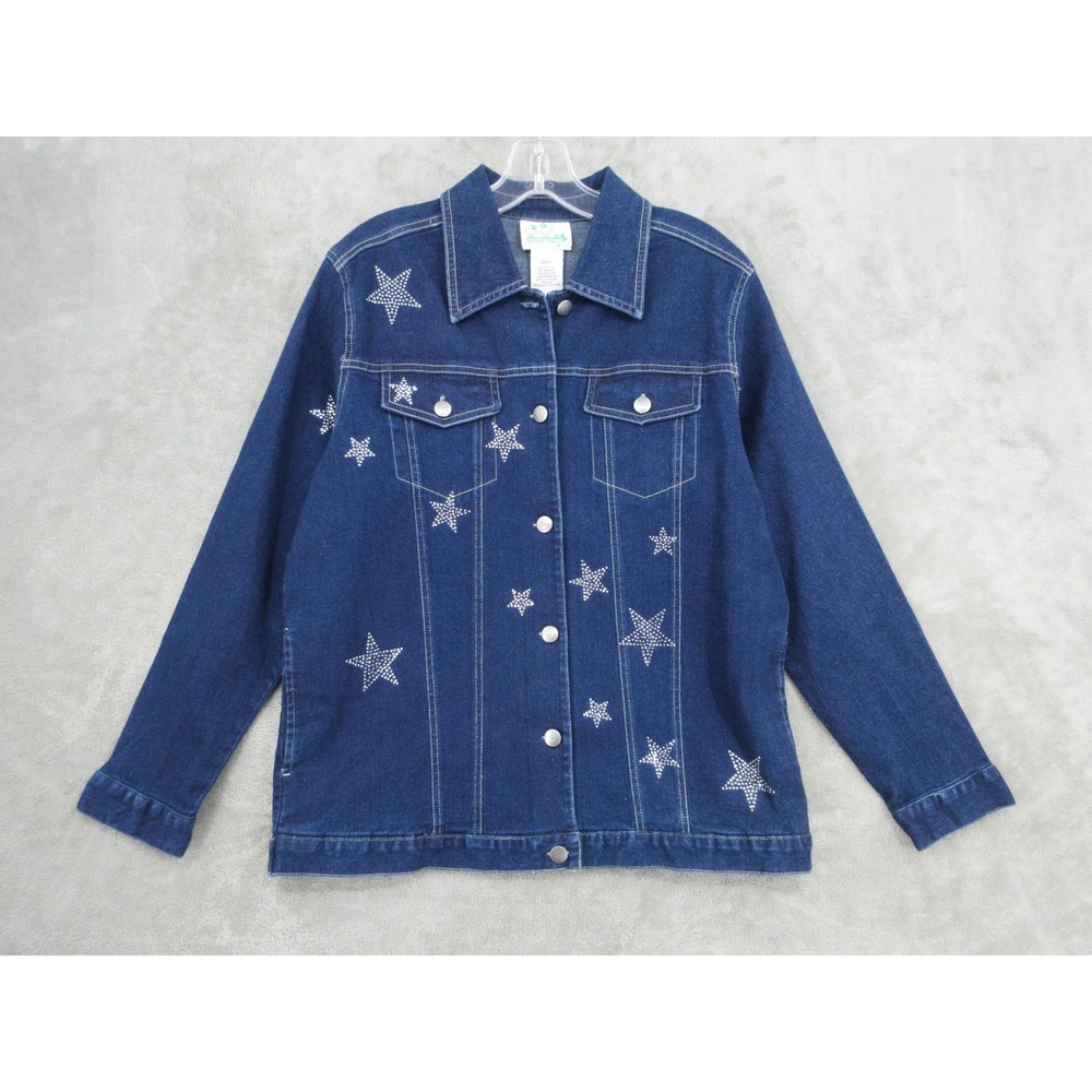 Quacker Factory Jacket Womens Size Star Dark Wash Denim Rhinestone USA Americana